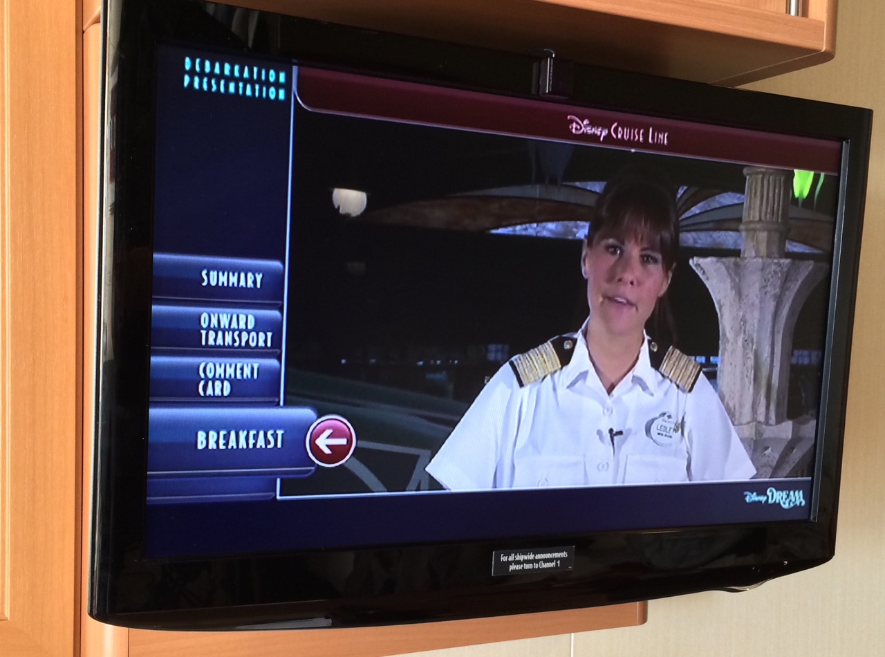 A continuous video plays on the last full day of sailing, informing passengers of disembarkation procedures. Photo by J. Jeff Kober.